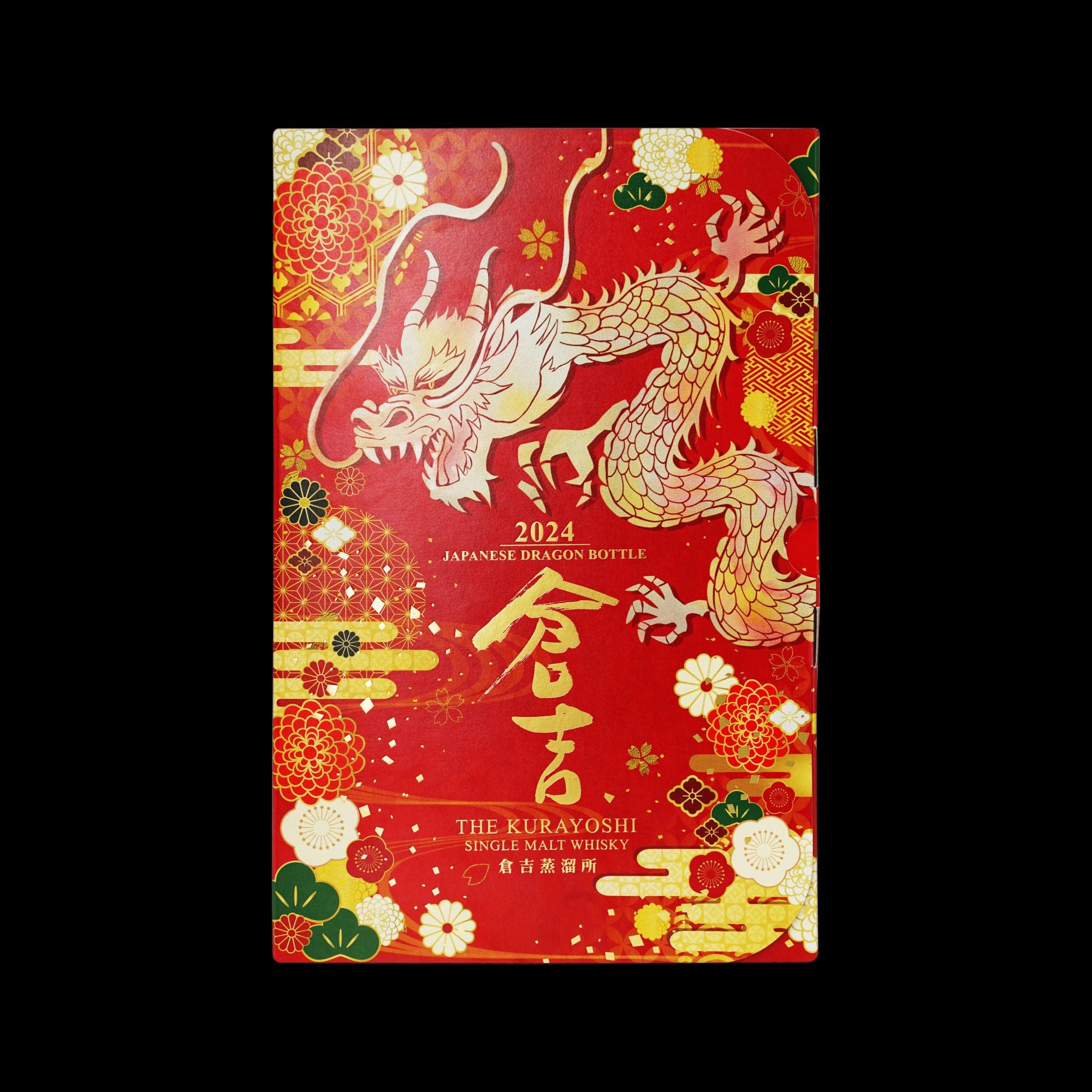 倉吉ウイスキー2024ドラゴンボトルの化粧箱。赤と金を基調に力強い龍を大きく描き、華やかな和柄を散りばめた特別仕様の数量限定パッケージ。
