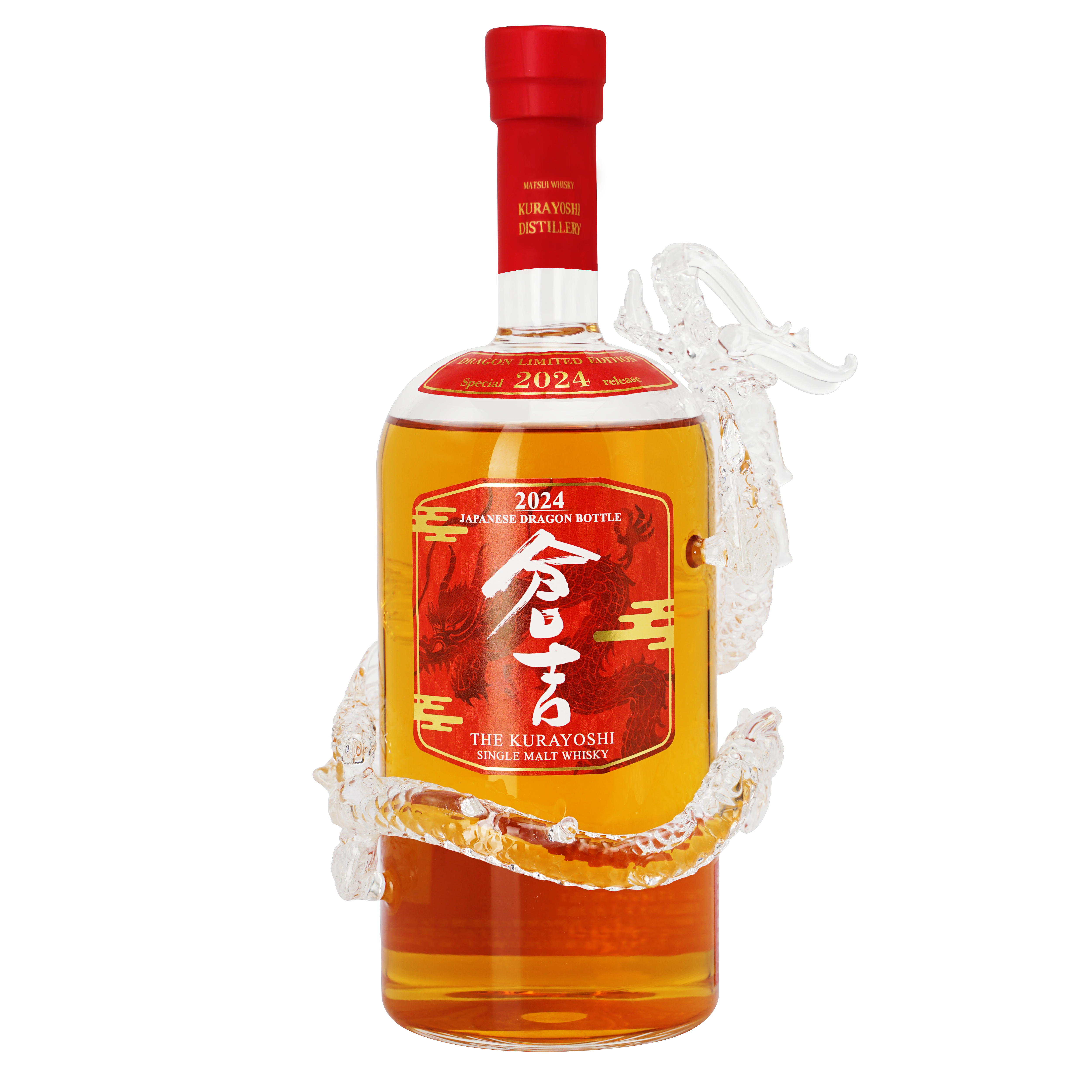 倉吉ウイスキー2024ドラゴンボトル。職人が手掛けた龍のガラス細工を施した特別仕様で、力強い造形と深い味わいが際立つ数量限定のシングルモルト。