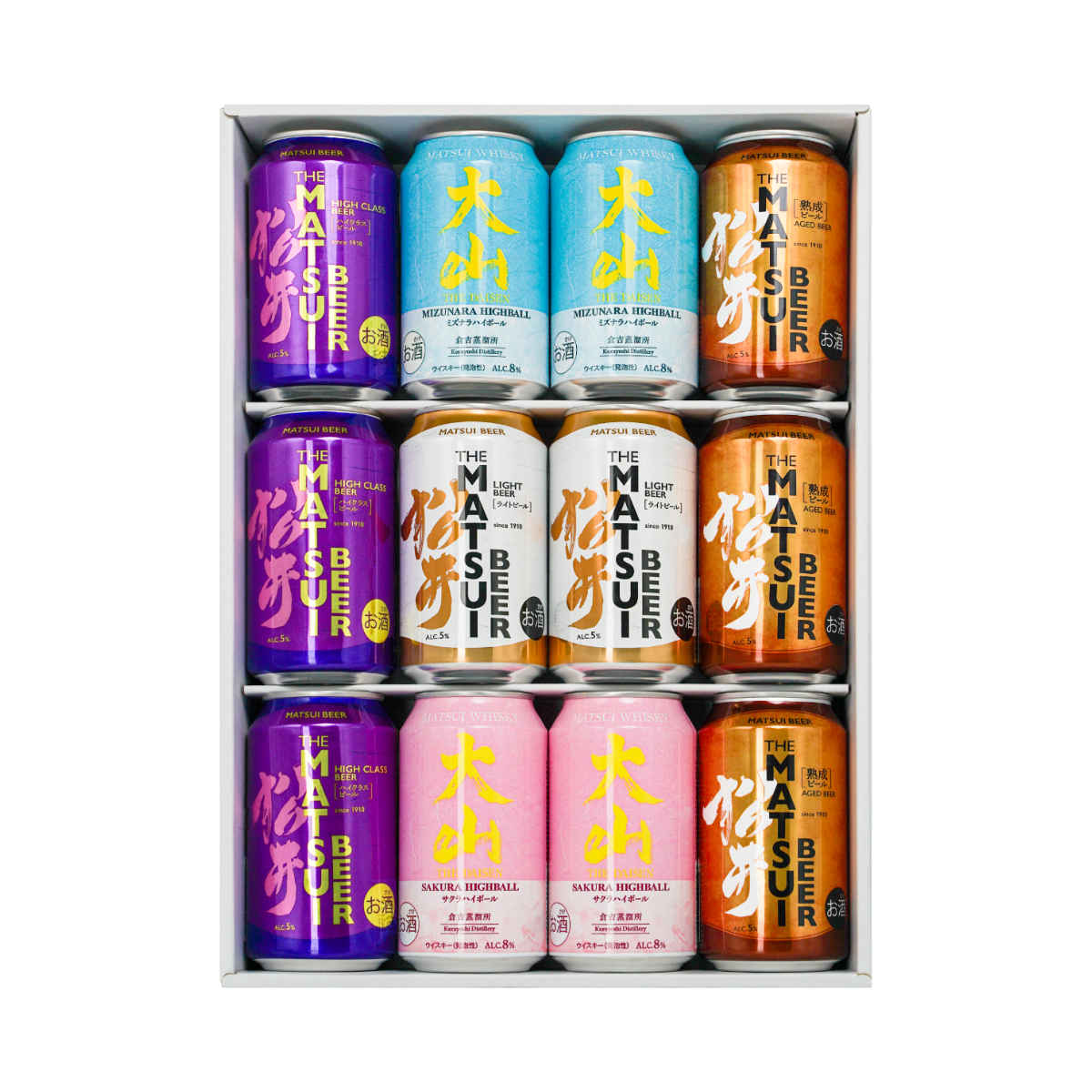 MATSUIビール ライト・ハイクラス・熟成と、大山サクラハイボール・ミズナラハイボールが12本並んだ豪華アソートセット。