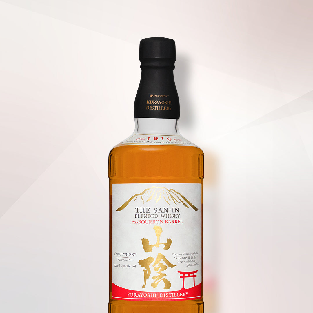 「山陰ブレンデッドウイスキー〈バーボン樽熟成〉」。洋ナシのような香りとバーボン樽由来の甘みが特徴。大山の深層天然水を使い、バニラ香が豊かに広がる飲みやすいウイスキー。