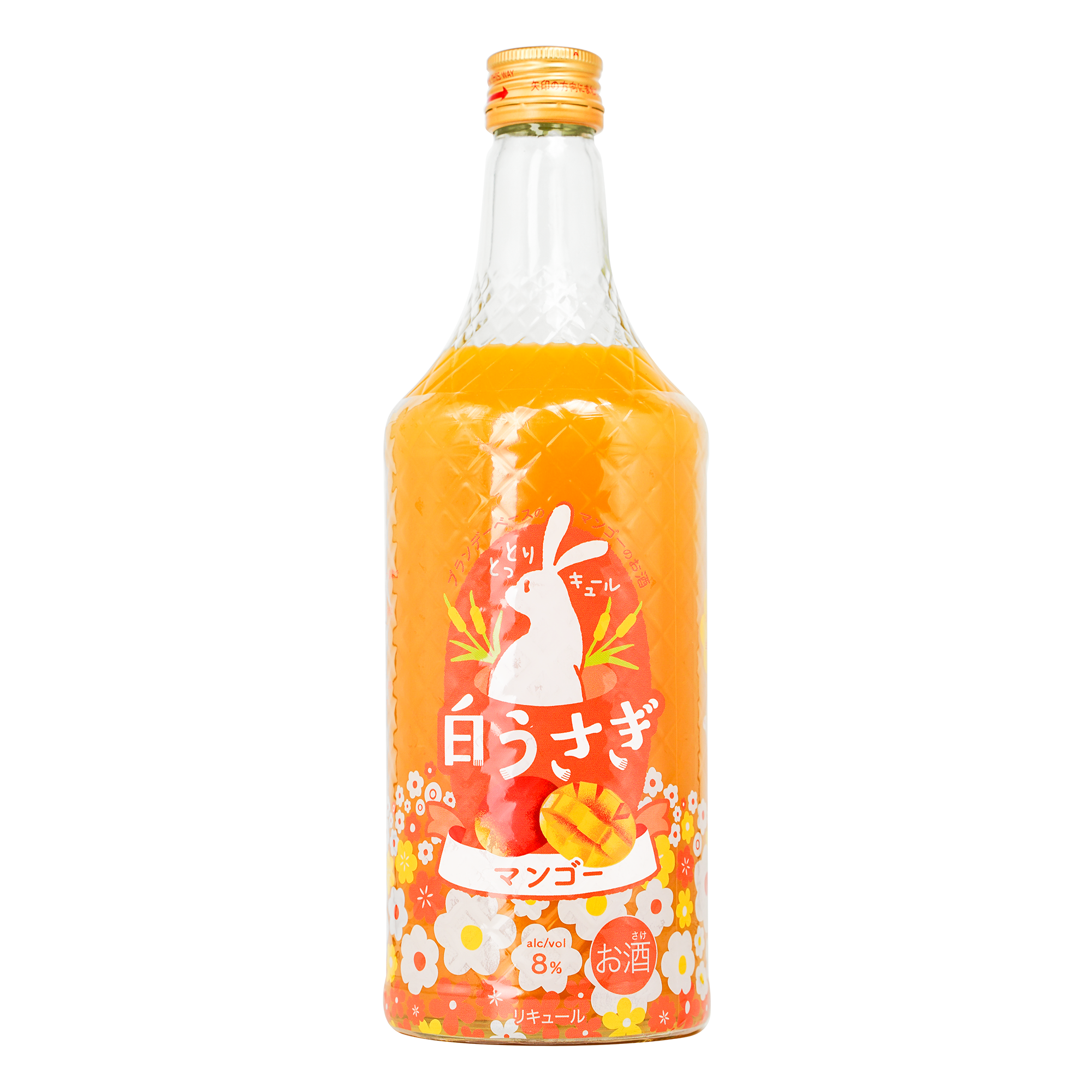 「白うさぎマンゴー」700ml。インド産マンゴーを使ったフルーツリキュール。ブランデーベースでアルコール分8%。