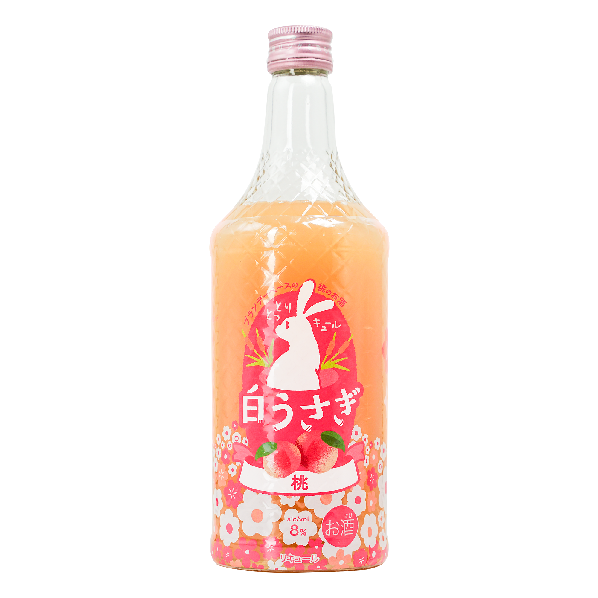 「白うさぎ もも」700ml。桃を原料にしたリキュール。やさしい甘さが特徴で、アルコール分8%。