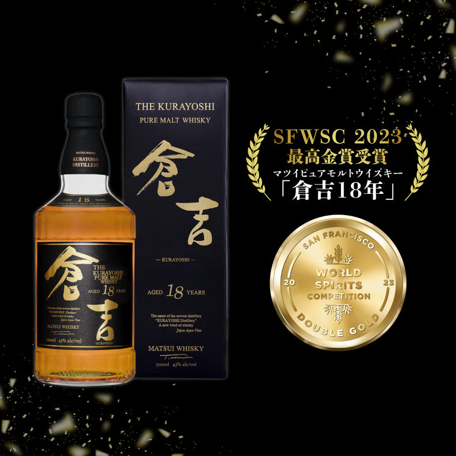 マツイピュアモルトウイスキー「倉吉18年」と化粧箱の写真。SFWSC2023で全審査員満点となる最高金賞ダブルゴールドを受賞。
