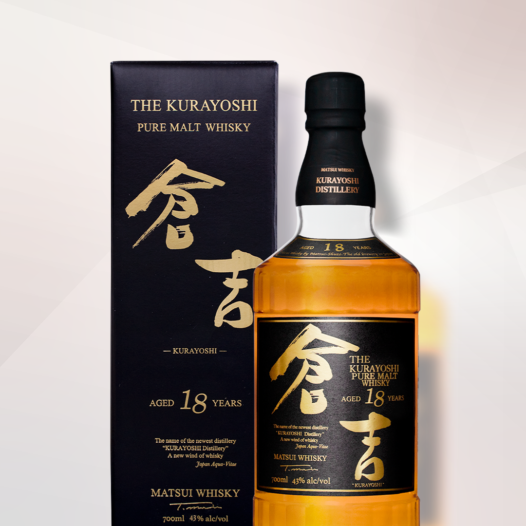マツイピュアモルトウイスキー「倉吉18年」の説明文画像。SFWSC2023でダブルゴールドを受賞し、18年熟成による深い甘みと複雑な香味をもつ一本。EC限定で武尊選手のチラシ封入。